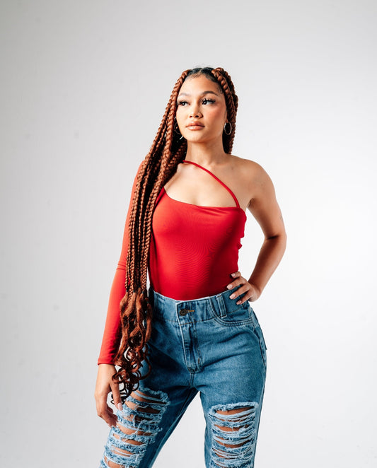 One Sleeve Bodysuit - Red - Annason